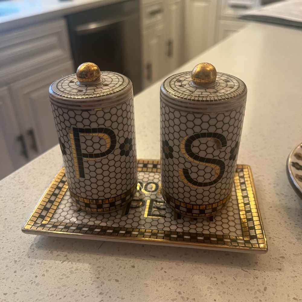 Anthropologie Gold and White Mosaic Shakers